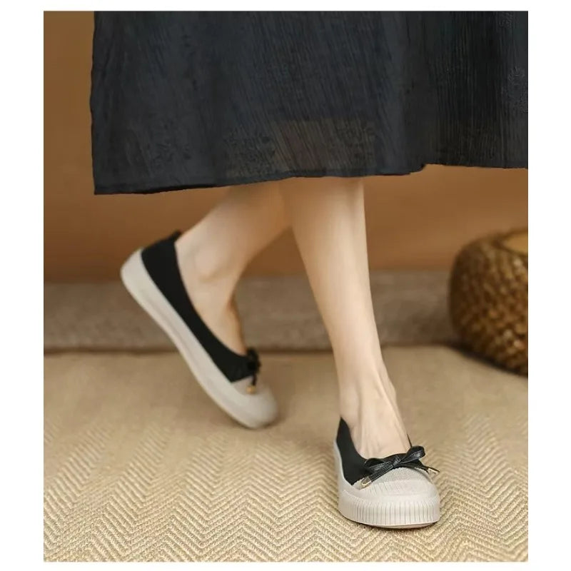 Bowknot Flat Sole Single Shoes for Women's Four Seasons Shoes Genuine Leather Round Toe Shallow Mouth Ballet Dance Shoes