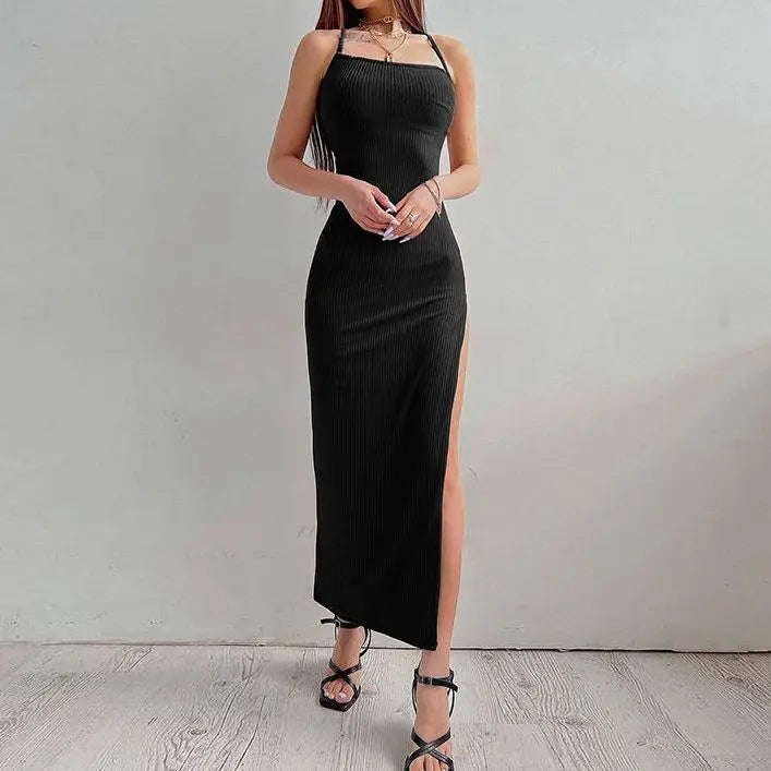 binfenxie Sexy Black Long Bodycon Dress Women Summer Sleeveless Blackless Halter Neck Spaghetti Strap Dresses High Split Vestidos