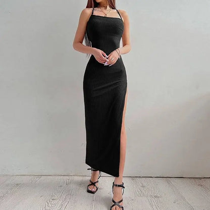 binfenxie Sexy Black Long Bodycon Dress Women Summer Sleeveless Blackless Halter Neck Spaghetti Strap Dresses High Split Vestidos