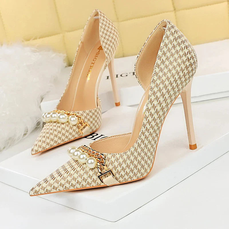 Shoes  Spring Women Pumps Pearl Metal Chain High-heels Checked Grain Stilettos Women Heels Luxury Banquet Shoes 43