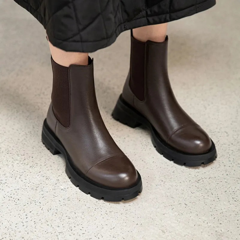 Winter Shoes Women Leather Ankle Boots Women Round Toe Thick Heel Platform Shoes Solid Chelsea Boots Casual Women Boots