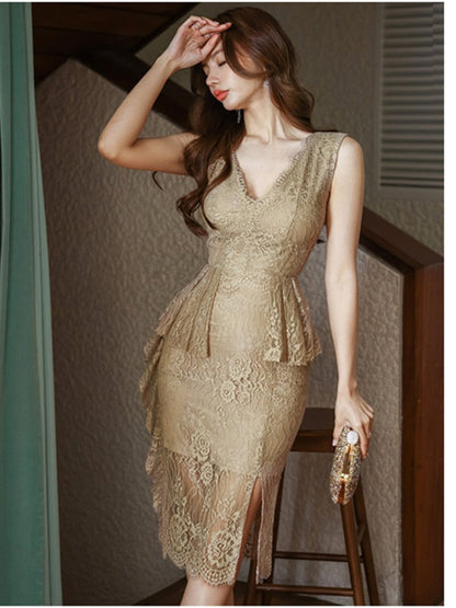 Summer New Women Fashion Elegant Prom Midi Lace Dresses Vintage Princess Female Evening Party Slim Clothes Vestdios