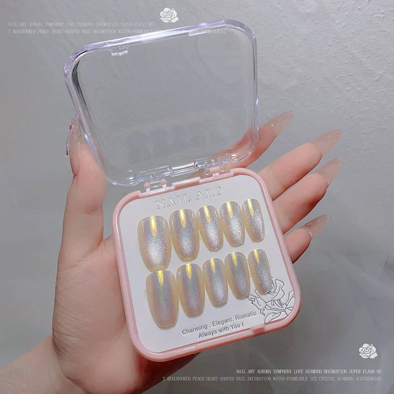 24pcs/box Crystal Cat Eye Shining Diamond Nail Patch Sparkling False Nail Press on Acrylic Nails Handmade Nail Wearing