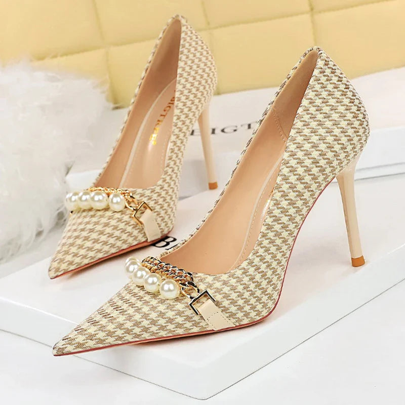 Shoes  Spring Women Pumps Pearl Metal Chain High-heels Checked Grain Stilettos Women Heels Luxury Banquet Shoes 43