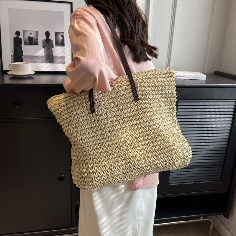 binfenxie Luxury Design Straw Woven Tote Bags For Women Large Capacity Shoulder Beach Bag Pure Color Summer New Big Shopping Handbag