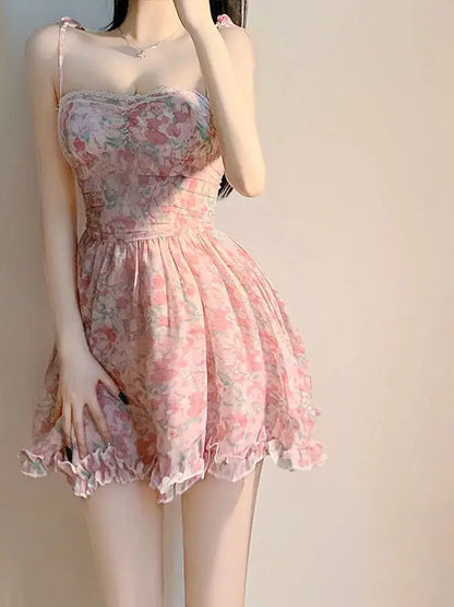 binfenxie Sweet New Pink Sexy Dress Sweet Fresh Style Fragmented Flowers Print Waist Wrapped Slim Student Summer Short Lovely