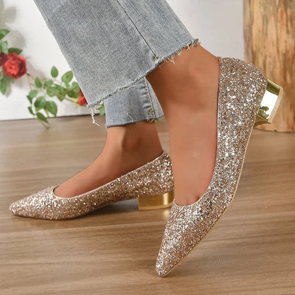 Gold Low Heels Pumps Women Spring Shiny Sequins Pointed Toe Party Shoes Woman Plus Size Simple Thick Heeled Bride Shoes