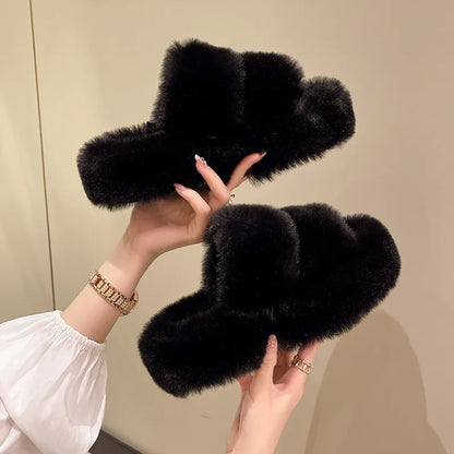 Winter Fluffy Slippers Women New House Home Fur Slippers For Women Flat Platform Cozy Fuzzy Indoor Shoes Korean Slides