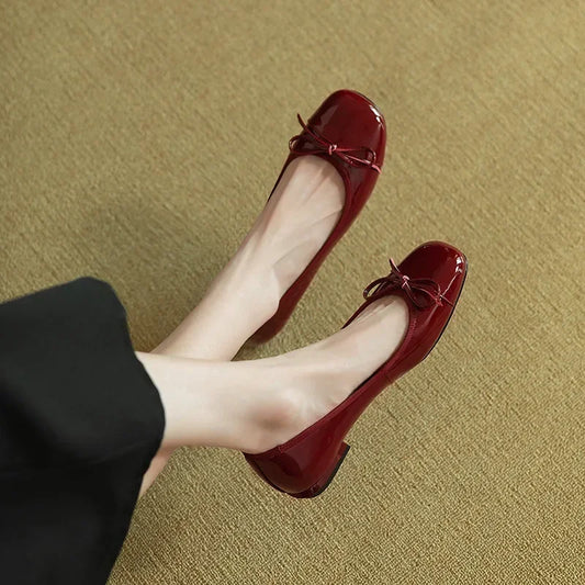 Women Retro Gentle Bowknot Flat Shoes Korean Fashion Elegant Red Square Toe Stiletto Pumps Autumn Dress Loafer Casual Shoes