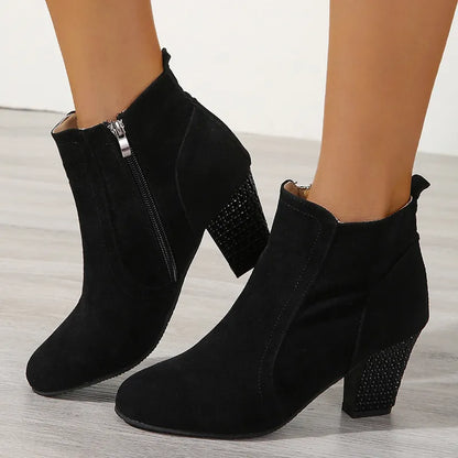 Fashion Crystal Square Heel Ankle Boots Woman Autumn Winter Round Toe Black Heeled Boots for Women Short Botas Mujer