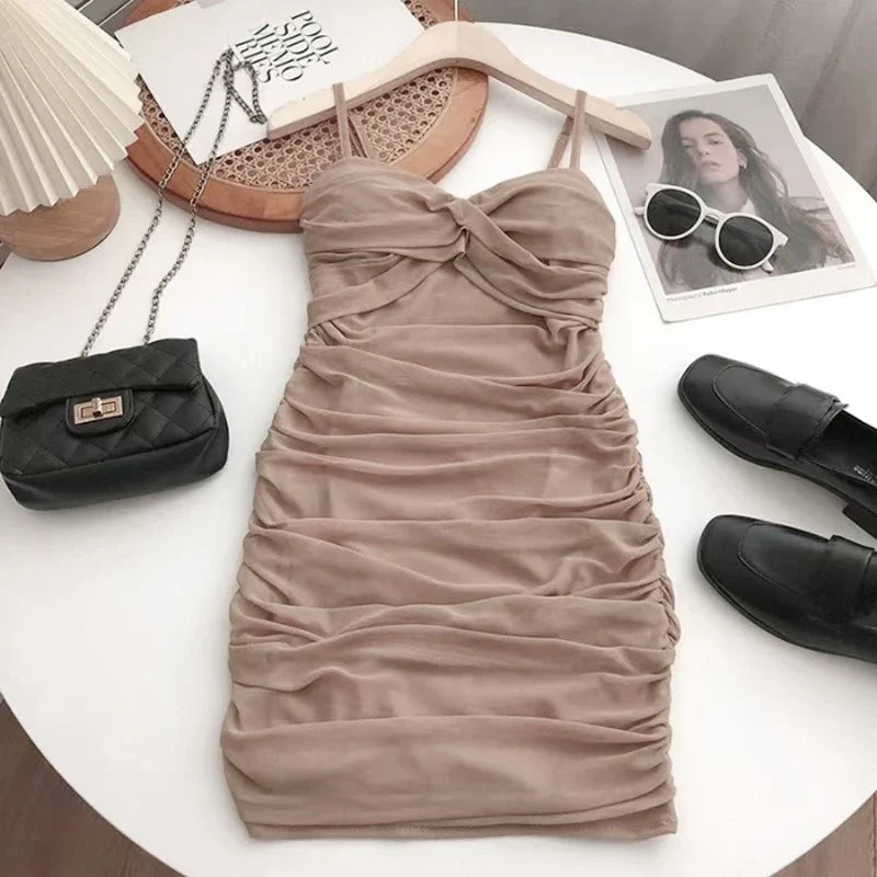 binfenxie Dresses Women Sexy Club Shirring Design Summer Leisure Lady Mini  Straps Dress