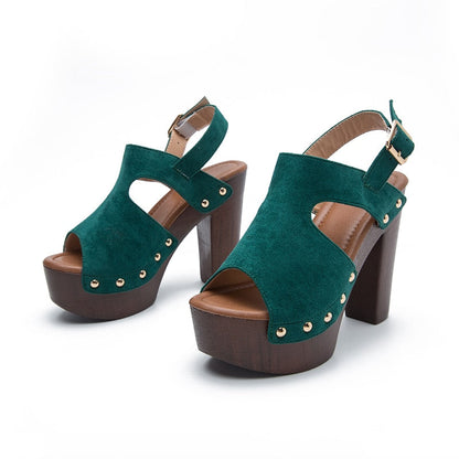 binfenxie Ladies Platform Sandals Rivet Chunky High-Heeled Sandals Soft Leather Bag Feet Shoes Open Toe Women Sandals 12cm PU Wooden Green