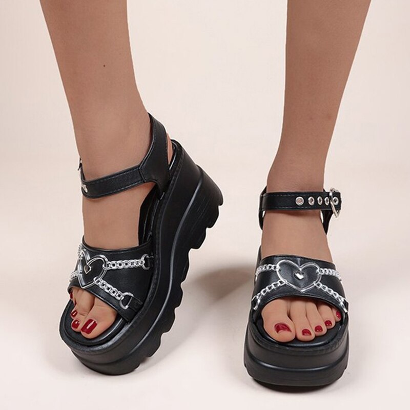 Black Gothic Wedge Sandals Women Summer Y2K Style Chunky Platform Sandals Women Punk Buckle Thick Bottom Lolita Shoes Plus Size