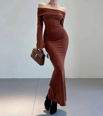 binfenxie Long Dress Y2K Long Sleeve Dress Women Clothes Off Shoulder Maxi Dress Autumn Winter Streetwear Bodycon Trumpet Black Dress