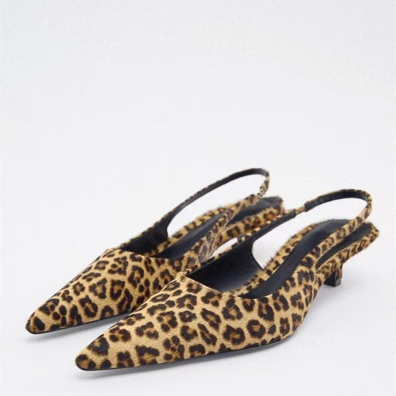 Women's Flat Bottom Slingback Sandals  Leopard Pointed End Woman Mules Summer Fashion Animal Print Low-heel Beach Shoes