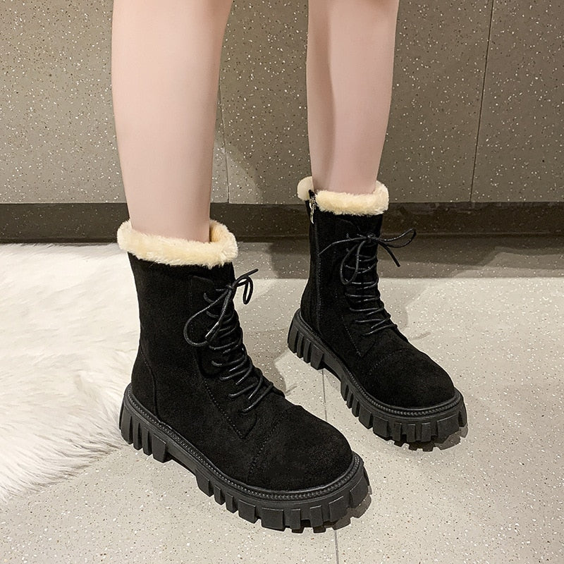 Winter Boots Lady Boots-Women Lace Up Australia Female Shoes Luxury Designer Round Toe Mid-Calf Snow Fashion Rubber Mid Cal