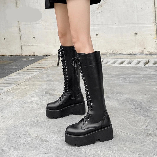 binfenxie   Chunky Platform Heels Pu Leather Knee High Boots Women Retro Punk Long Boots Woman Lace Up Booties  New Fall