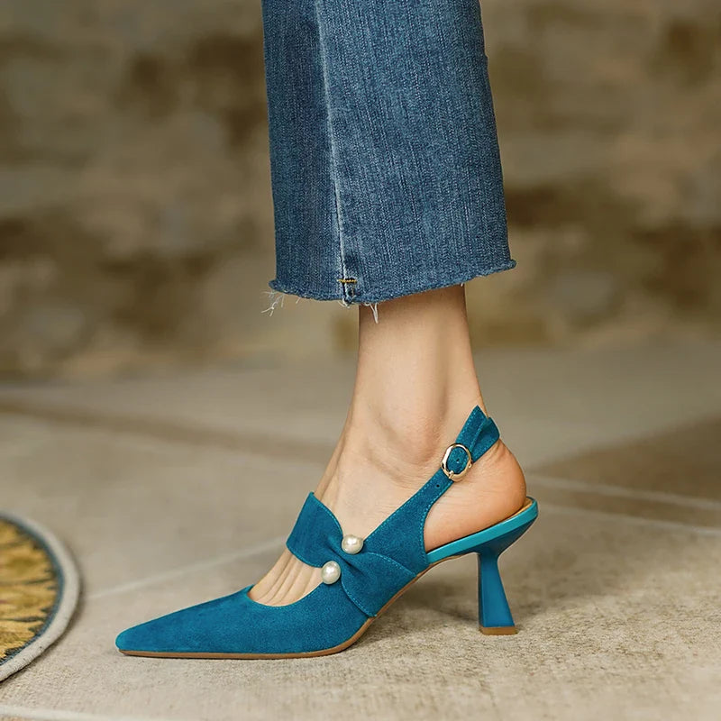 Party Prom Women Slingbacks Pumps  Summer New Kid Suede Sandals Fashion Pointed Toe High Heels Shoes Woman Heels for Women