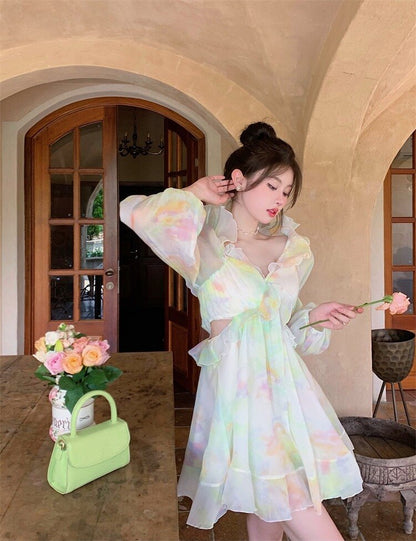 binfenxie France Sweet Tie-dyed Fairy Dress Women Elegant Chic Ruffles V-Neck Long Sleeve Princess Dresses Female Casual Beach Vestidos