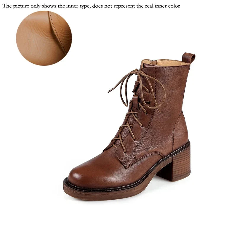 Winter Genuine Leather Women Boots Round Toe Thick Heel Lace Up Fashion Ankle Boots Retro Boots  Platform Shoes Heels Grown