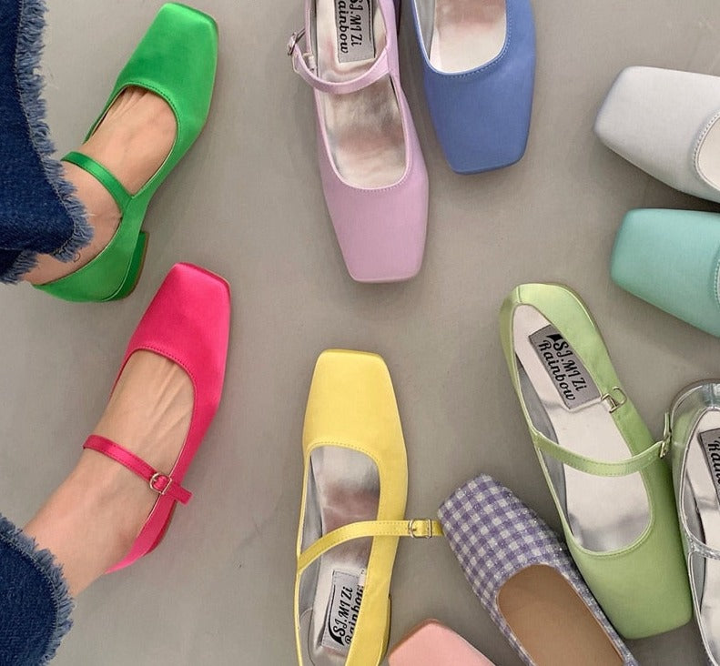 Spring Summer Shoes Women Flat Heels Square Toe Mary Jane Ballet Flats Rainbow Candy Color Ballerina Soft Casual Loafer