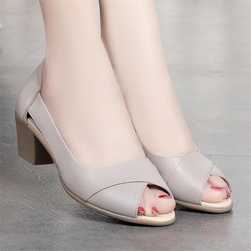 Summer Leather Women Shoes Comfortable Ladies Mid Heel Sandals Hollow Peep Toe Square Heel Sandals Woman Footwear