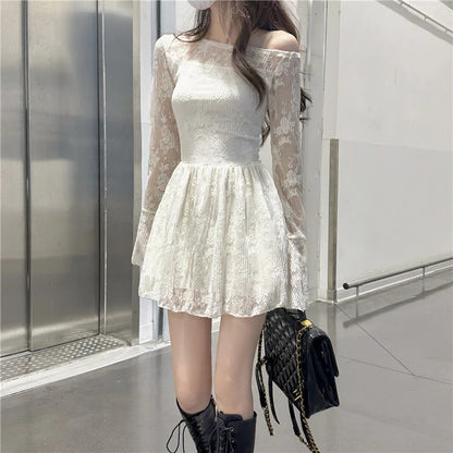 Korean milk apricot color waisted A-line skirt women gentle wind temperament sexy lace dresses