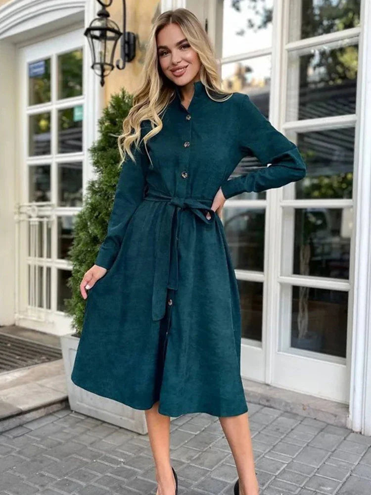 binfenxie  -   Long Sleeve Elegant Party Dresses Women Button Knee Length Lady Dresses Women Shirts A Line Dresses Autumn New