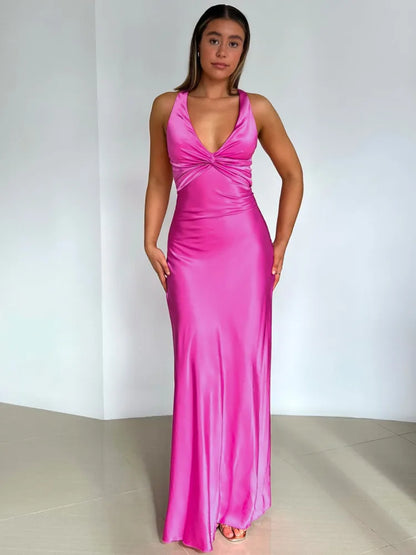 Elegant Sleeveless Satin Bodycon Long Dress Women Sexy Deep V Backless Evening Dress Female Slim Fit Party Club Vestidos