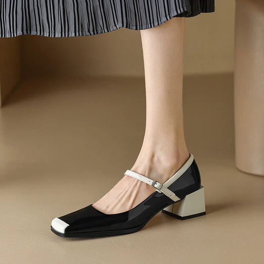 Futurecen  Spring/Autumn Women Shoes Square Toe Chunky Heel Mary Janes Mixed Color Women Pumps Patent Leather Shoes Fashion High Heels