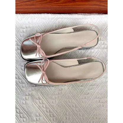 Summer Women's Flats Sliver Boat Shoes Square Toe Slip on Flat Shoes for Woman Ballet Flats Comfortable Bow Women's Sandals