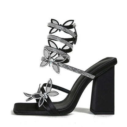 binfenxie Fashion Design Crystal Butterfly Snake Coiled Women Sandals Sexy Square Toe Chunky Thick Heels Summer Party Prom Shoes