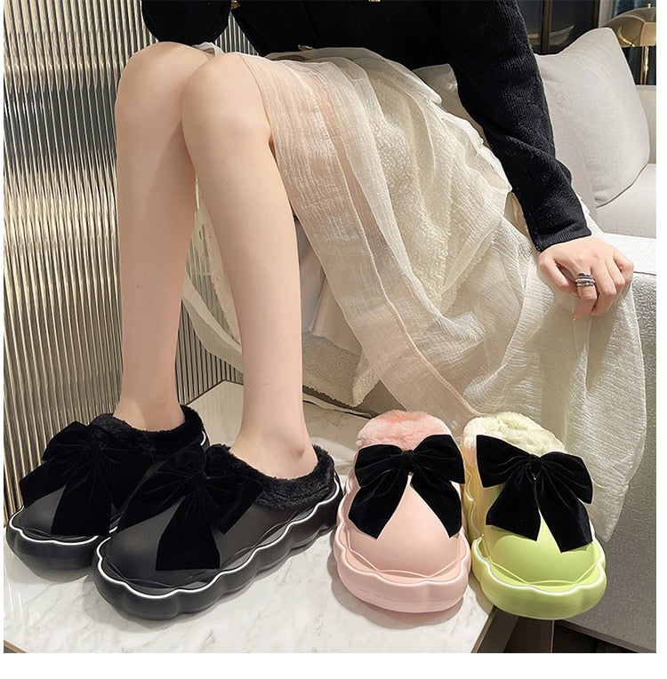 Med Fur Shoes Slippers Casual Slides Cover Toe Platform Slipers Women Butterfly-Knot Plush Luxury Flat 2022 Rome PU Fabric Fashi