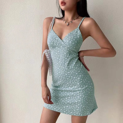 binfenxie Women's Summer Fashion Retro Floral Printed Halter Dress Sexy V Neck Slim Short Dress Casual Sleeveless Beach Mini Dresses