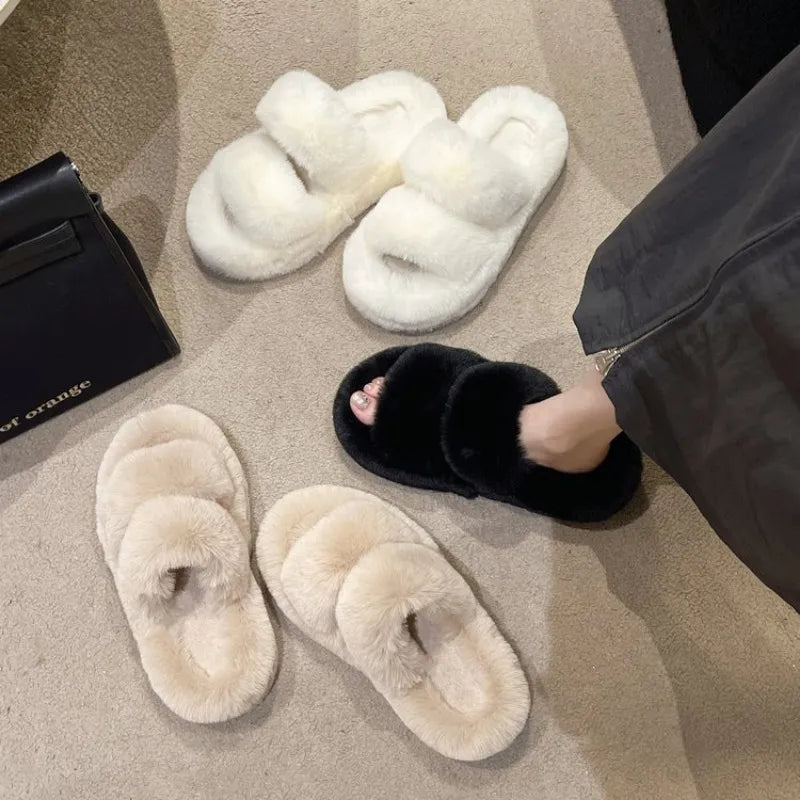 Women Thicken Plush Fur Slippers Winter Slip on Chunky Platform Loafers Mules Woman Thick Bottom Cotton Slippers Flip Flops