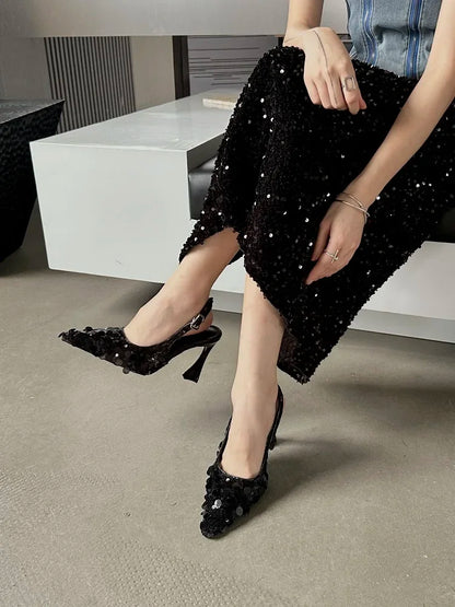 Futurecen Sequin Cloth Slingbacks High Heels Women Pumps Sexy Shallow Pointed Toe Buckle Strap Banquet Dress Female Shoes