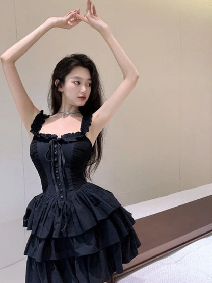 binfenxie Gothic Goth Harajuku Sexy Slip Dress Ruffles Y2k Streetwear Dark Punk Cake Dresses Party Korean Fashion 2023 Summer