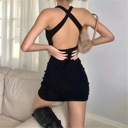 binfenxie Women Sleeveless Halter Collar Short Dress Solid Color Crisscross Backless Package Hip Bodycon Dresses Party Clubwear