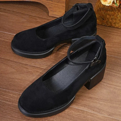 Futurecen  -  Women's Fashion Pumps Sweet Woman Thick High Heels Ankle Strap Flock Female Platform Mary Jane Women OL Shoes Ladies Footwear