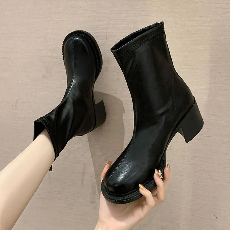 Short Shoes for Women Very High Heels Punk Style Booties Combat Female Ankle Boots White Footwear Heeled Round Toe Fashion