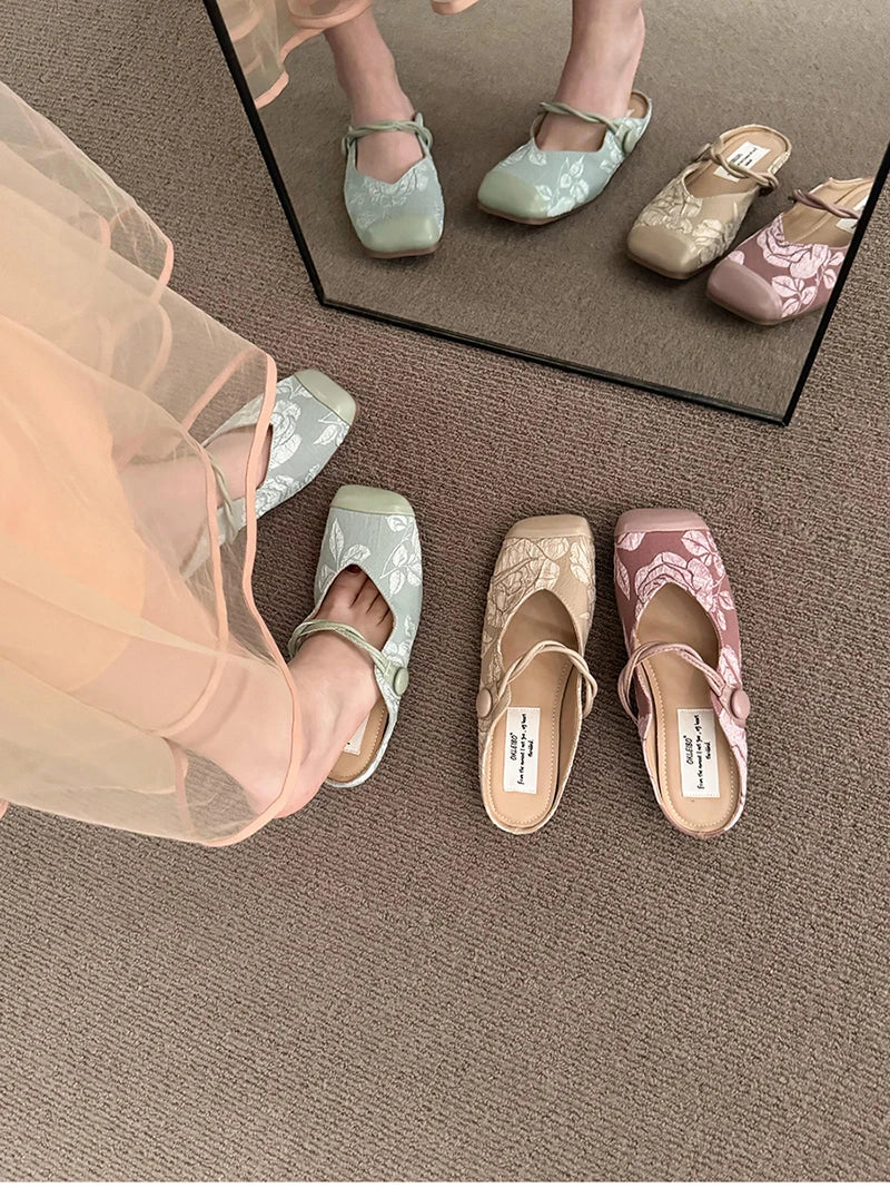 binfenxie Luxury Summers Flower Women Mules Slippers Fashion Elegant Cover Toe Slides Shoes Ladies Outdoor Dress Flats Sandalias