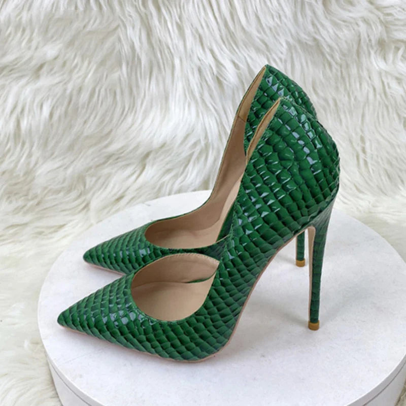 Futurecen  Green Croc-Effect Women D'Orsay Inisde Cut Pointed tOe Stiletto Pumps Sexy Ladies Party Night Club High Heel Shoes