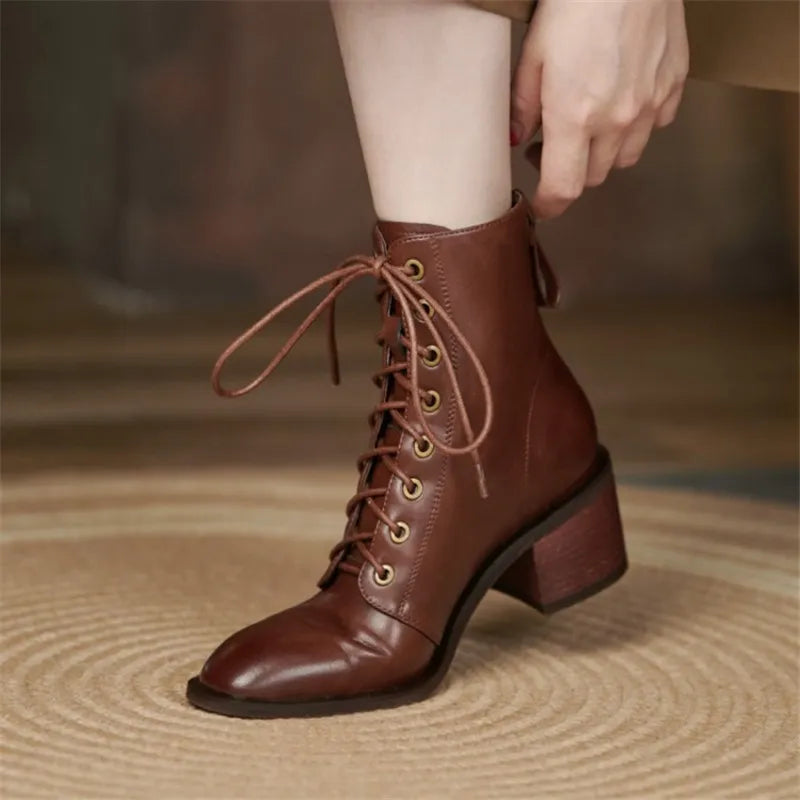 New Autumn/Winter Split Leather Women Boots Round Toe Chunky Heels Boots for Women Short Boots Zapatos Mujer Lace High Heels