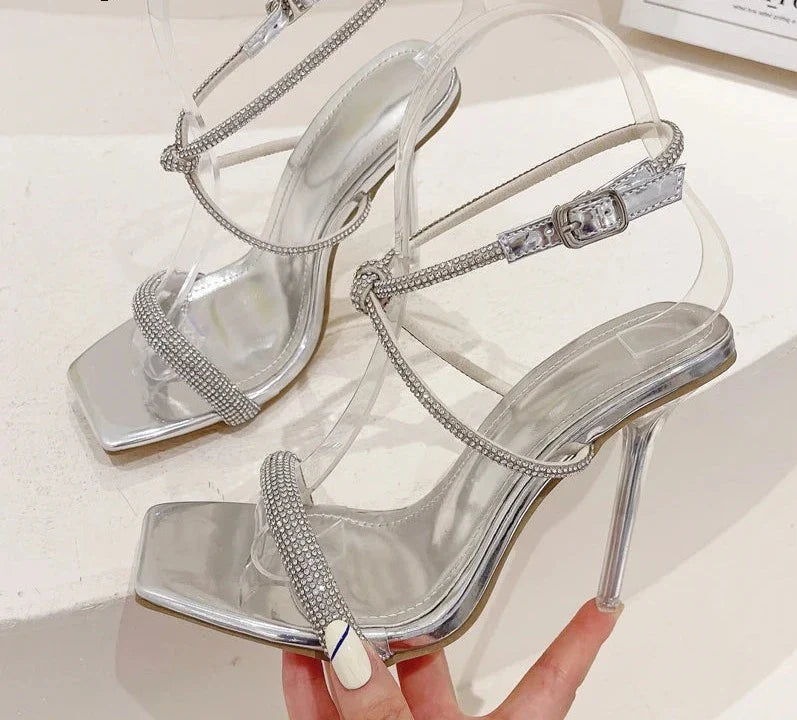 New Fashion Square Toe Women Sandals Summer Sexy Crystal High Heels Buckle Strap Stripper Party Ladies Shoes