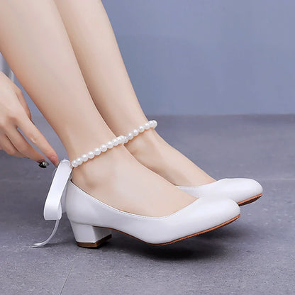 binfenxie  -   White Women Shoes Sexy Bride Party 3CM Pointed Toe Pumps Round Head Shallow Thick High Heels 03BDL