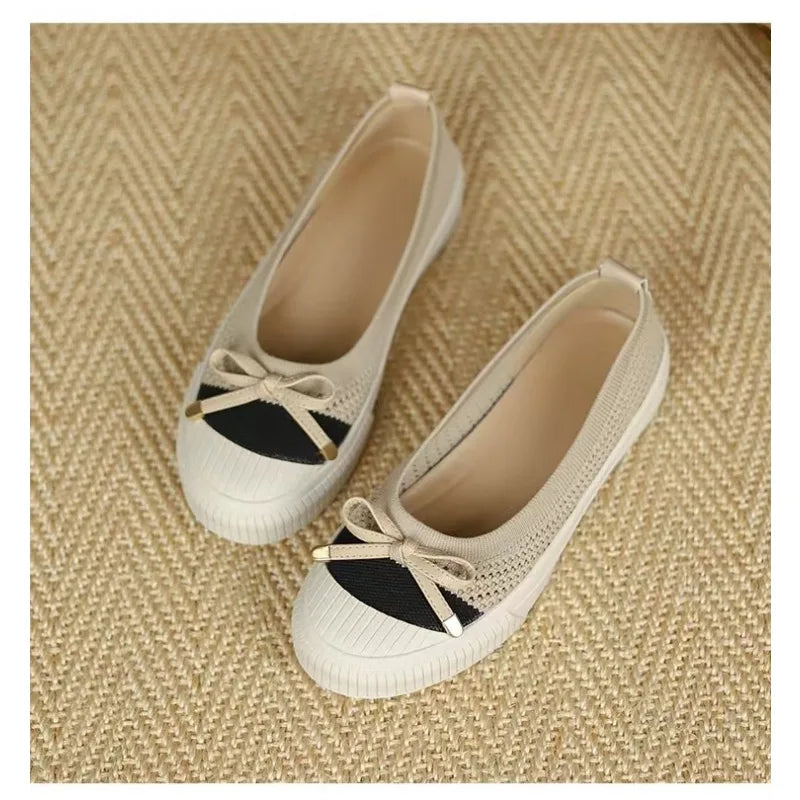 Bowknot Flat Sole Single Shoes for Women's Four Seasons Shoes Genuine Leather Round Toe Shallow Mouth Ballet Dance Shoes