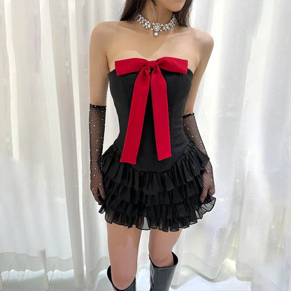 binfenxie Y2K Bow Applique Mesh Pleated Mini Dress Aesthetic Retro Strapless Bandage Backless Dresses Sexy Birthday Party Dress