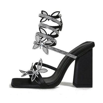 binfenxie Fashion Design Crystal Butterfly Snake Coiled Women Sandals Sexy Square Toe Chunky Thick Heels Summer Party Prom Shoes