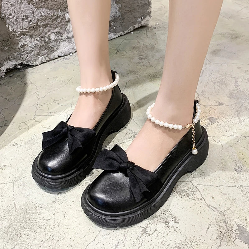 Women Thick Platform Mary Janes Lolita Shoes Party Pumps Summer New Sandals Bow Chain Mujer Shoes Fashion Oxford Zapatos