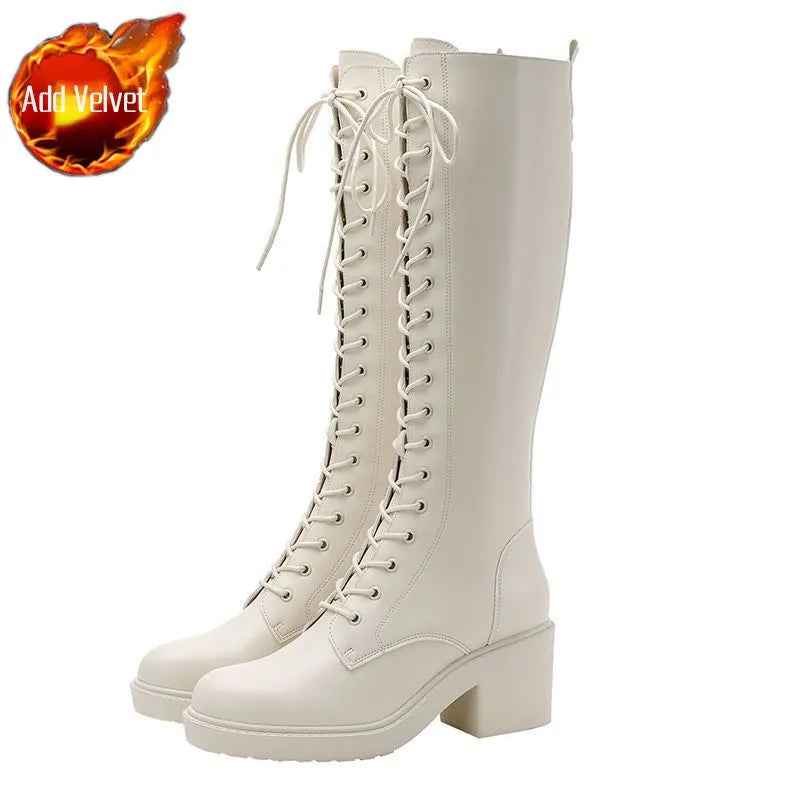 Footwear Long Ladies Boots Elegant Heeled High Heels Shoes for Women Lace-up Winter Knee Shaft with Laces White Spring Autumn Pu